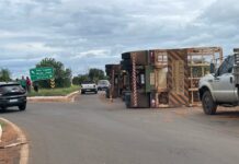 Carreta carregada com eucalipto tomba na rotatória do Shopping Três Lagoas