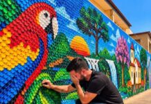 Professor e alunos transformam muro de escola em mosaico com 150 mil tampinhas