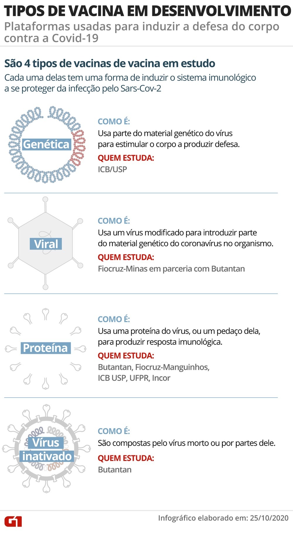Infográfico mostra quatro plataformas de desenvolvimento de vacinas e quais institutos brasileiros trabalham em quais propostas. Foto: Guilherme Luiz Pinheiro/G1.