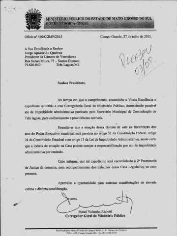 Oficio enviado pelo MPE