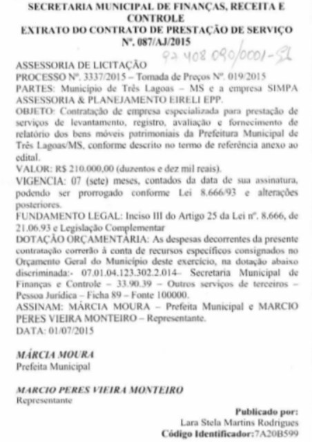 Documento publicado no Diário Oficial dos Municípios de MS sobre o resultado da licitação