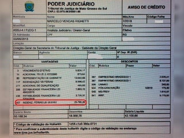 Holerite do funcionário do TJMS. (Foto: Reprodução)