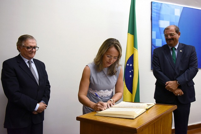 A então secretária de Educação Básica Tania Leme de Almeida em foto de 22 de janeiro, durante a cerimônia de posse dos novos conselheiros do Conselho Nacional de Educação (CNE), entre o ministro da Educação, Ricardo Vélez Rodrigues, e o presidente do CNE, Luiz Roberto Liza Curi — Foto: Andre Sousa/MEC