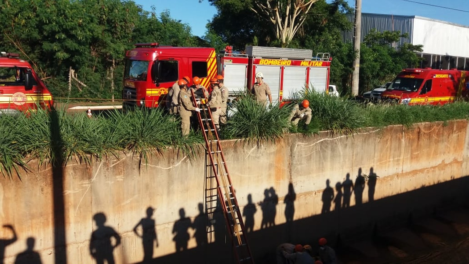 Bombeiros fazem resgate de idoso de dentro do córrego Segredo, em Campo Grande — Foto: Osvaldo Nóbrega/TV Morena