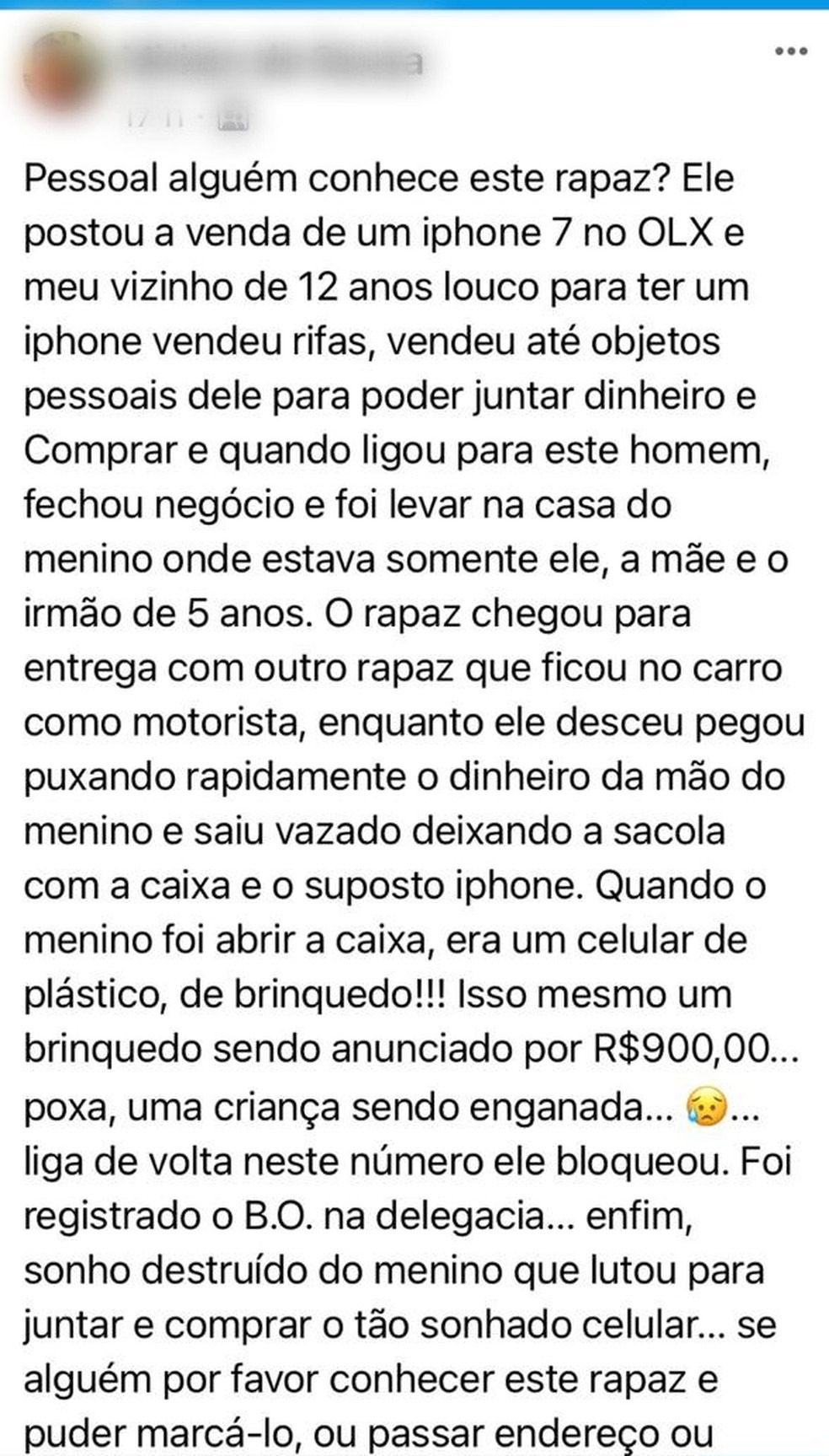 Anúncio feita pela vizinha para ajudar a localizar o golpista em MS — Foto: Redes Sociais/Reprodução