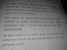 Foto: DivulgaçãoNota distribuída pelo vereador Elizeu Dionizio