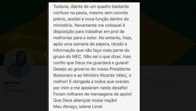 Reprodução do post de Iolene Lima, no Twitter, anunciando que não faz mais parte do MEC — Foto: Reprodução/Twitter/@iolenemlima