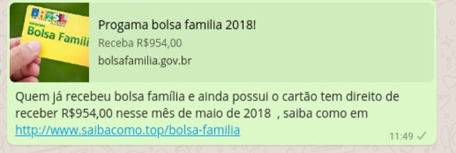 Mensagem recebida no WhatsApp com o link fraudulento. (Foto: Reprodução/Psafe)