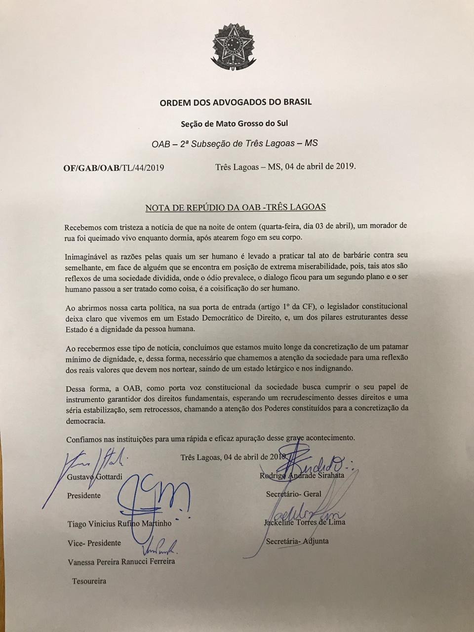 Nota publicada pela OAB de Três Lagoas MS em  repúdio a tentativa de homicídio contra Catador de Recicláveis. 