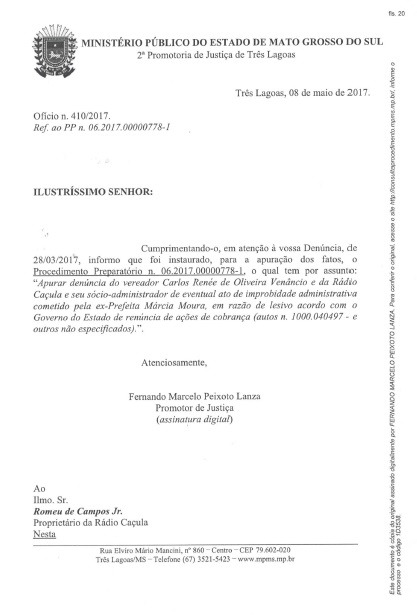 Ofício do Ministério Público que comprova que foi acatada a denúncia