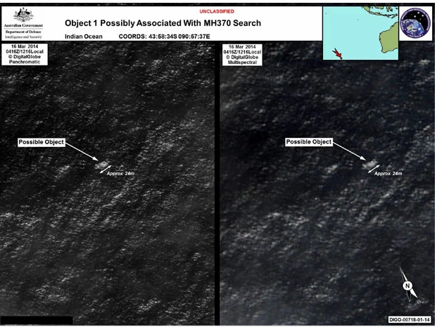 Imagens de satélite divulgadas pelo governo australiano mostram objetos achados no oceano que poderiam ser os destroços do voo MH370 da Malaysian Airlines, desaparecido desde o dia 8 de março