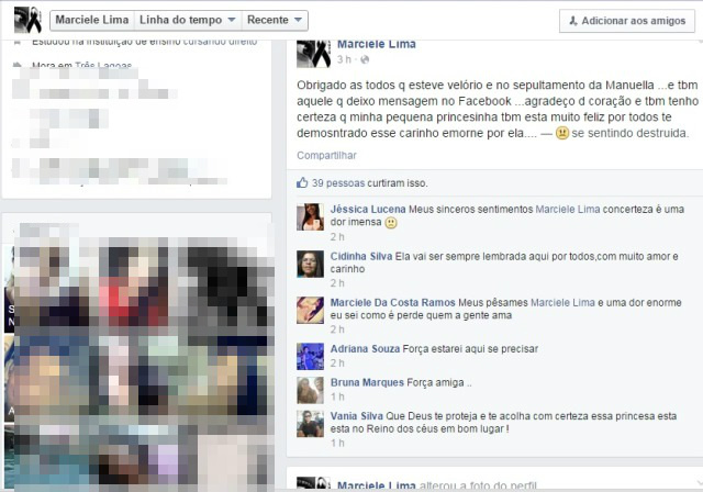 Familiares e amigos deixam frases de conforto para família.Foto Facebook