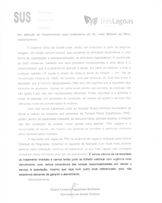 Carta enviada a família em resposta à solicitação de tratamento