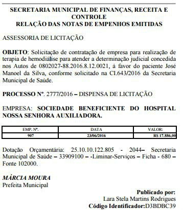 Publicação feita no diário oficial do município no dia 04/07/2016