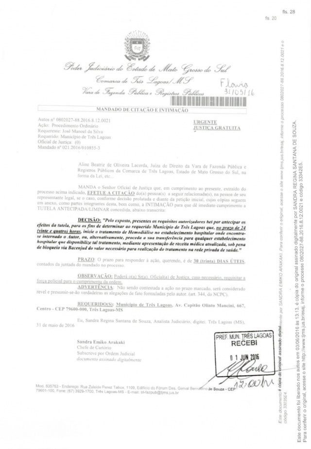 Determinação judicial, recebida no dia 01/06