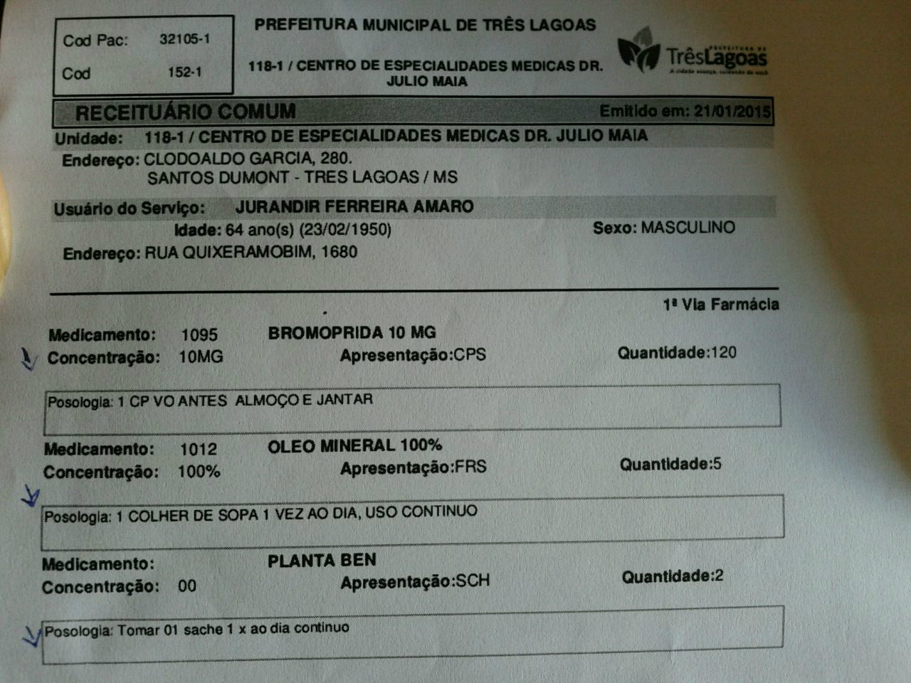 Idoso fica sem remédio ao procurar o CEM de Três Lagoas 
