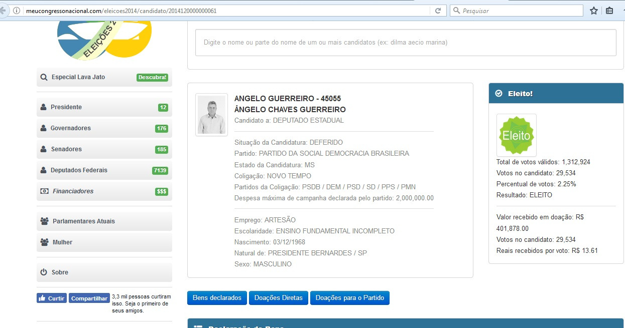 Página que foi citada na nota, onde contém os recursos provenientes de doações recebidas por Guerreiro em campanha para o cargo de Deputado Estadual em 2014.