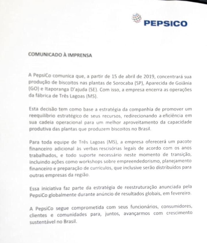 Comunicado entregue aos trabalhadores