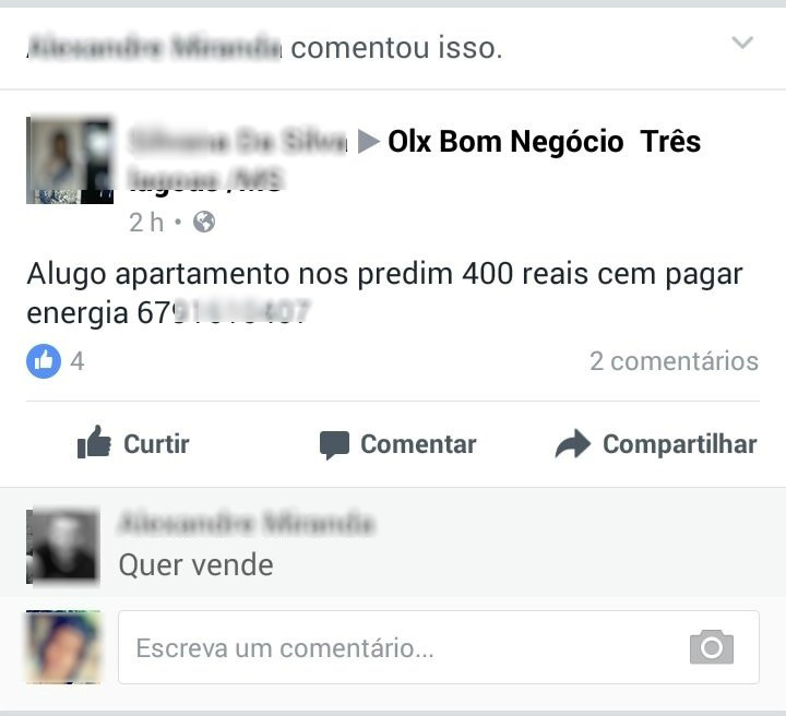 O anúncio de aluguel do apartamento foi feito em um grupo das redes sociais. Foto: Reprodução Facebook