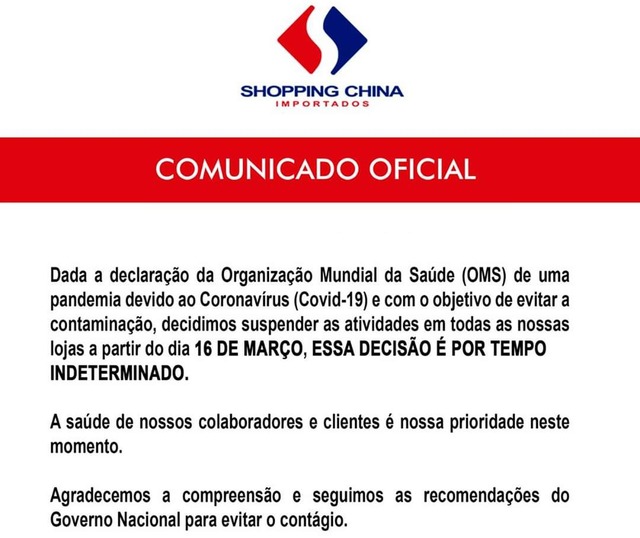 Comunicado da empresa sobre a suspensão das atividades — Foto: Shopping China/Divulgação