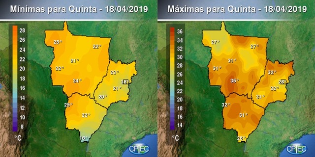 Temperaturas mínimas e máxima para a quinta-feira (18) para a região Centro-oeste.