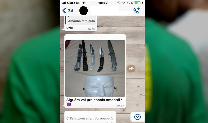 Na imagem, a mensagem em cunho de ameaça feita pelo rapaz no grupo da turma. Foro: Divulgação