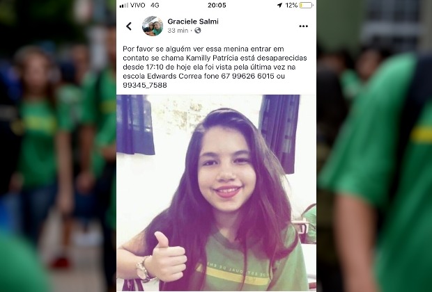 Kamilly Patricia, desaparecida desde a tarde de ontem (26), quando foi para a escola. Foto: Divulgação