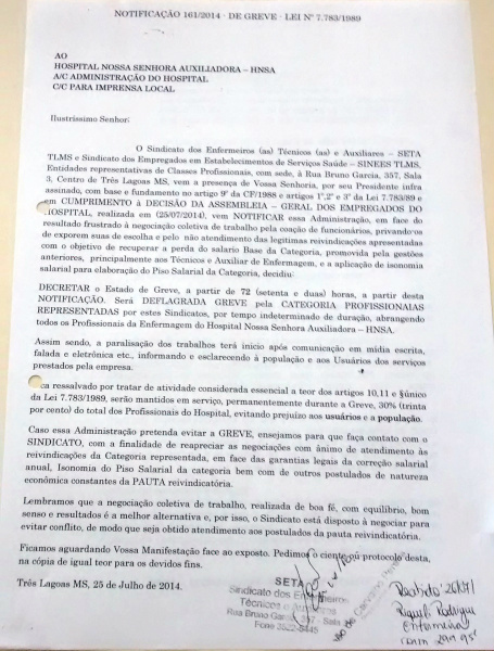 Indicativo de greve do Hospital Auxiliadora que foi protocolado no último sábado, 26 pelo SETA - Sindicato dos Enfermeiros, Técnicos e Auxiliares de Três Lagoas - MS.