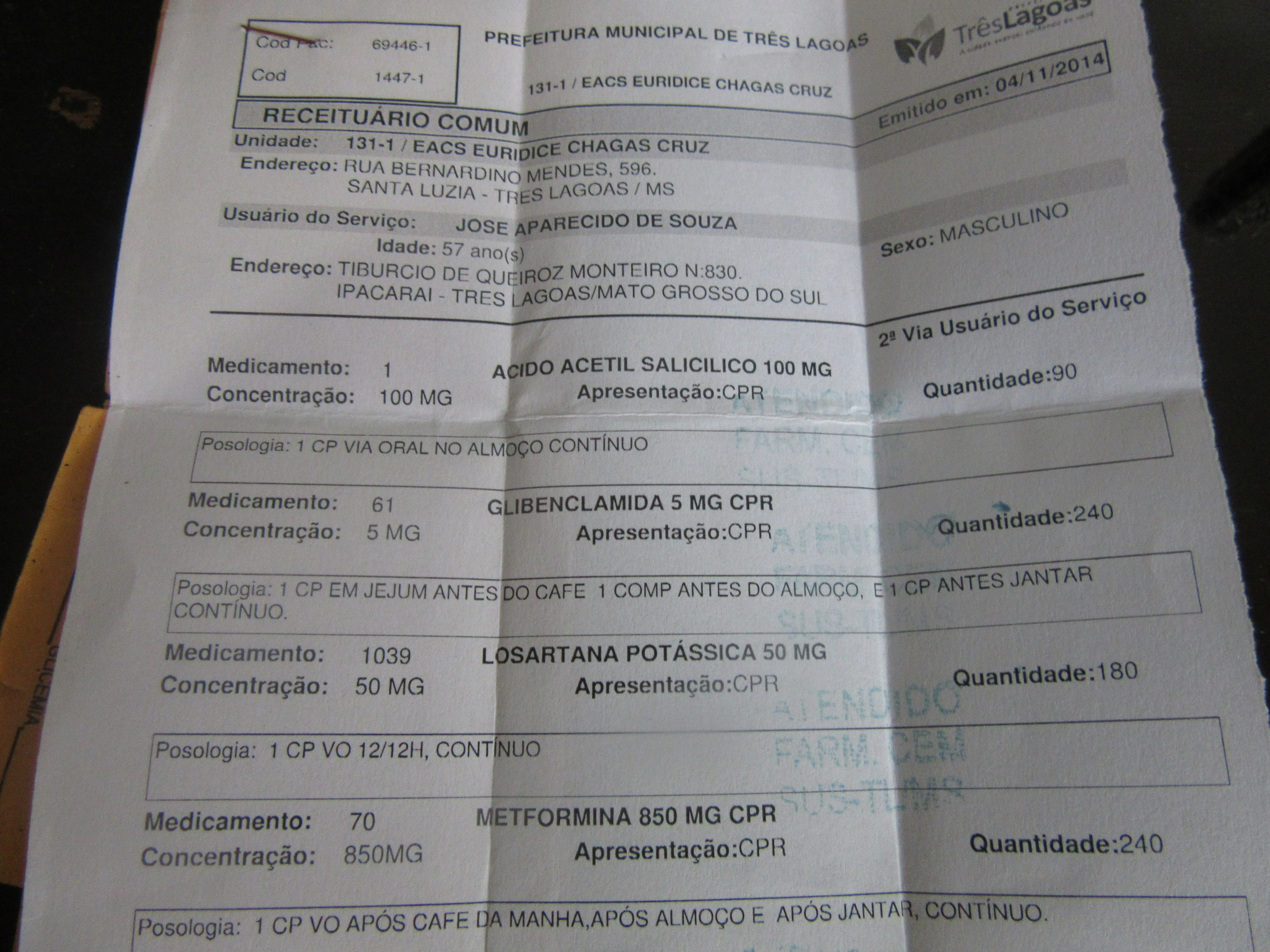 (Segundo ele os remédios usados para o seu tratamento de diabetes (Metformina e Glibenclamida) estão em falta. 