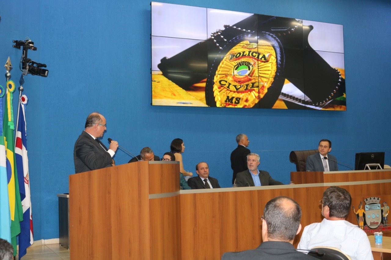 Delegacia Regional de Polícia de Três Lagoas representada por Rogério Fernando Makert Faria que ocupou a Tribuna para destacar parcerias. Foto: Assessoria/Rádio Caçula.