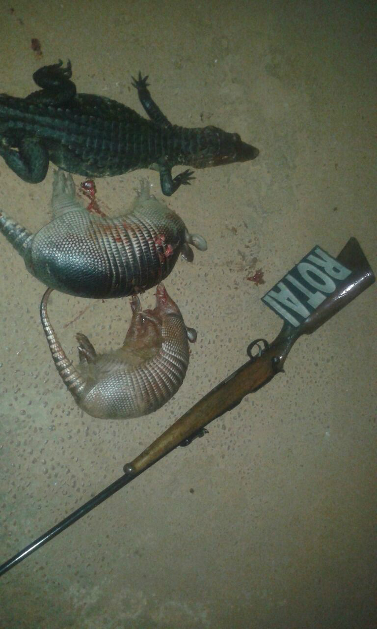 Animais e espingarda apreendidos durante a abordagem . Foto: Rádio Caçula.