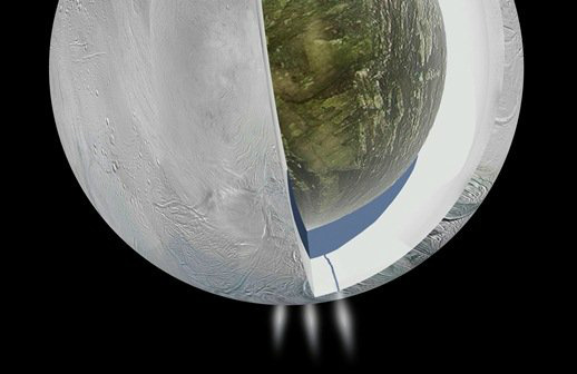 Ilustração do interior da lua Enceladus, com base nas informações fornecidas pela sonda Cassini (NASA/JPL-Caltech)