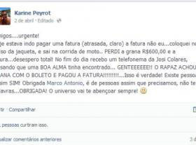 Foto: Facebook / ReproduçãoKarine postou uma mensagem de agradecimento a Marco Antonio no Facebook