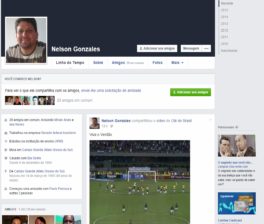 No canto esquerdo, abaixo, Nelson Gonzales informa residir em Campo Grande. Sua rede social é atualizada constantemente conforme post no lado direito sobre seu time de futebol