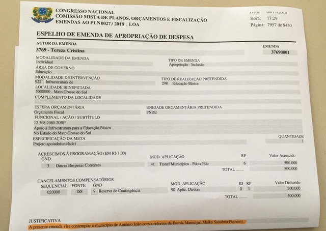 Emenda impositiva da Deputada Federal Tereza Cristina (DEM-MS), hoje Ministra da Agricultura. Foto: Assessoria