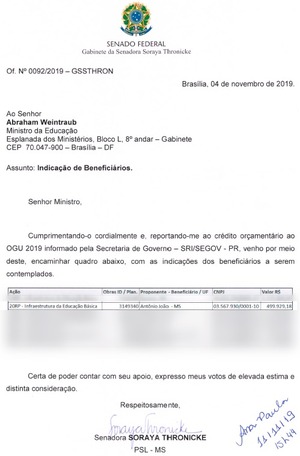 Crédito orçamentário da Senadora Soraya destinado à Escola Municipal Maika Sanabria. Foto: Assessoria.