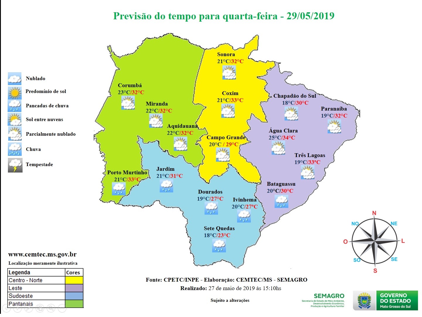 Mapa Meteorológico de hoje (29) para todo o estado. Foto: CPETC/INPE