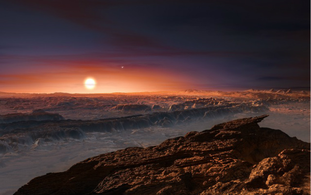 Ilustração mostra como pode ser a superfície do planeta Proxima b, que orbita a estrela Proxima Centauri, a mais próxima do Sol (Foto: ESO/M. Kornmesser)