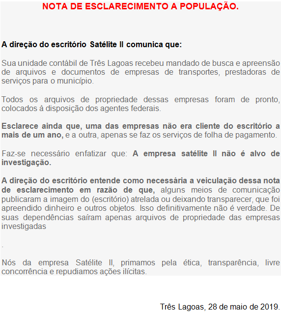 Nota de esclarecimento da empresa na íntegra. Fonte: Satélite II