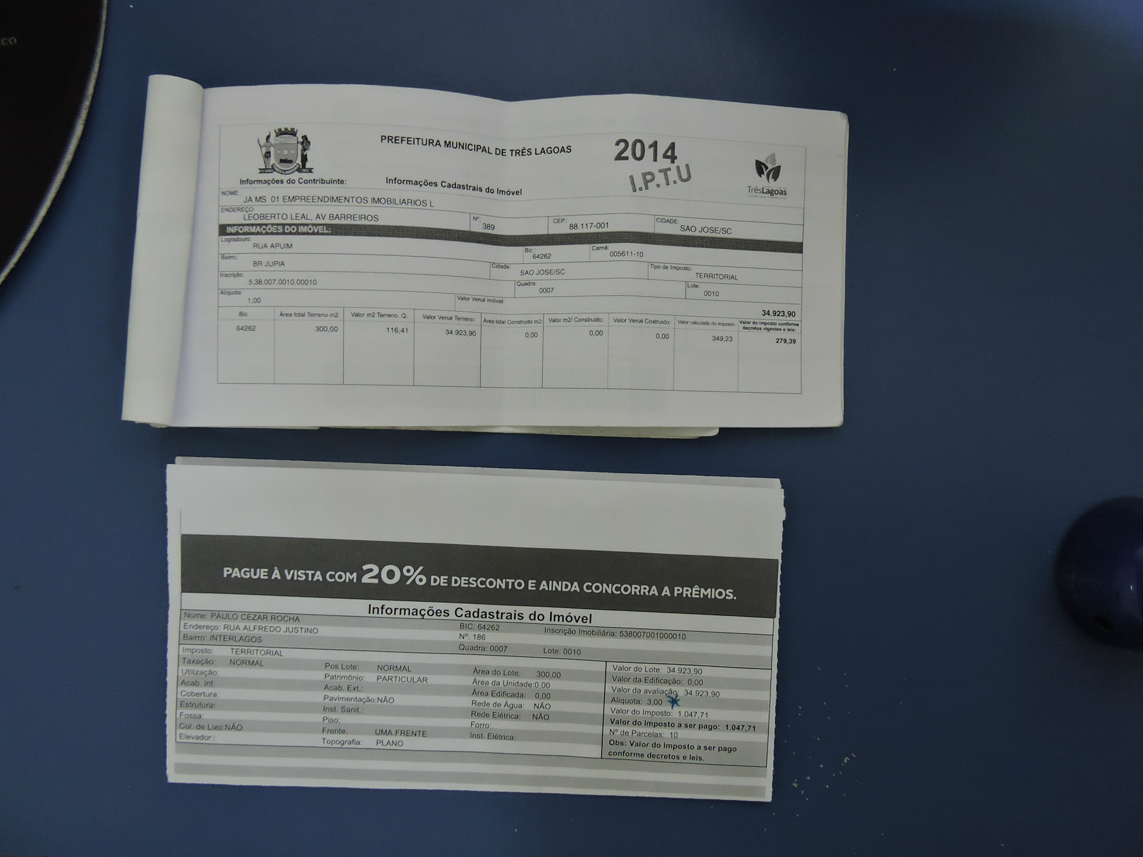 O morador levou um susto ao ver seu IPTU saltar de R$ 279,39, em 2014, para R$ 1047,71 neste ano. 