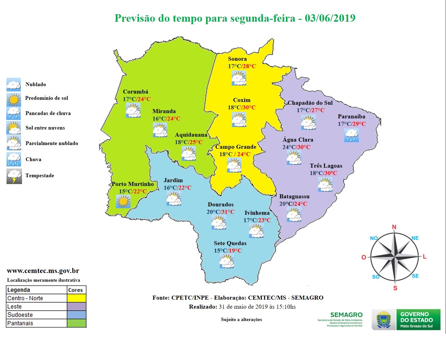 Previsão do tempo para a região hoje (3). Fonte: CPETC/INPE