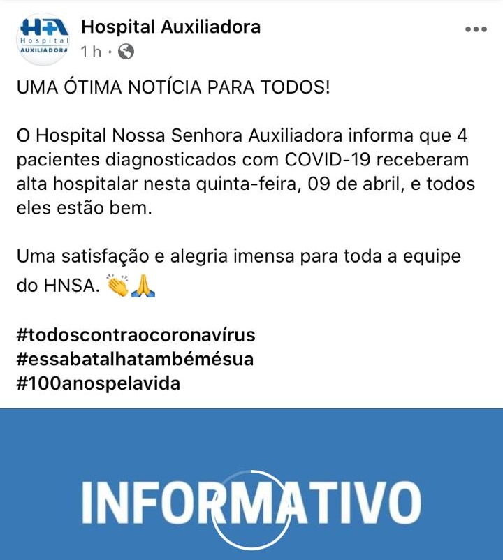 Quatro pacientes diagnosticados com a Covid-19 recebem alta do Hospital Auxiliadora. Foto: Rede Social