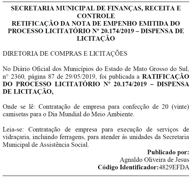 Foto: Divulgação/Diário Oficial do Município.