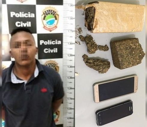 D. A. A.  (21) preso em Brasilândia (MS) por tráfico de drogas. Drogas e celulares apreendidos durante a operação. Foto: Divulgação/Polícia Civil. 
