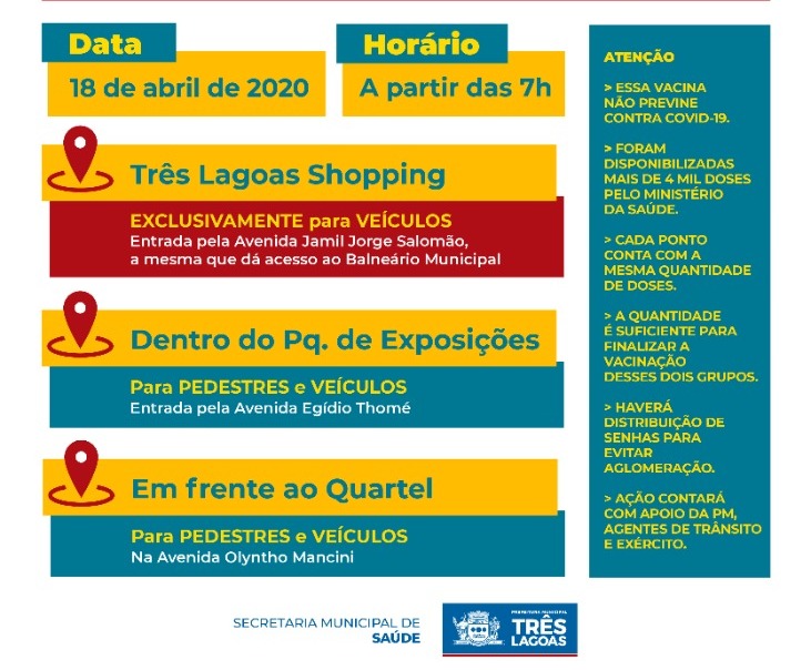 Três Lagoas encerra 3ª etapa de imunização contra Influenza A, no sábado (18). Foto: Divulgação