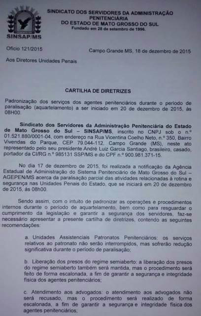 Carta de Diretrizes publicada em 18 de dezembro pelo Sindicato dos Servidores da Administração Penitenciária de MS