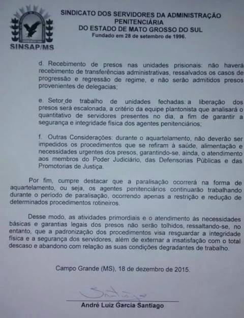 Carta de Diretrizes publicada em 18 de dezembro pelo Sindicato dos Servidores da Administração Penitenciária de MS