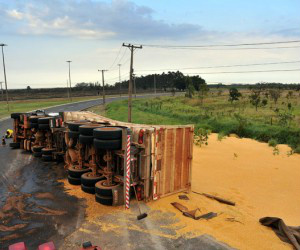 Carga de milho foi removida da pista por equipe do Corpo de Bombeiros 