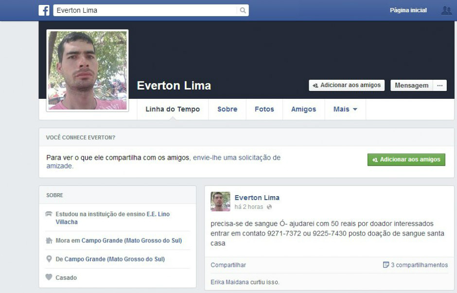 Página do Facebook, onde Everton anunciou que precisava de doações.
