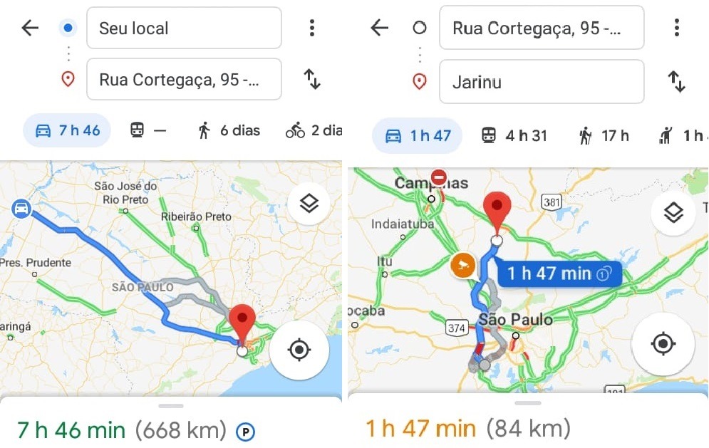 Viagem, de aproximadamente 750 km, custará cerca de R$ 1.700,00 - Imagem: Reprodução / Google Maps